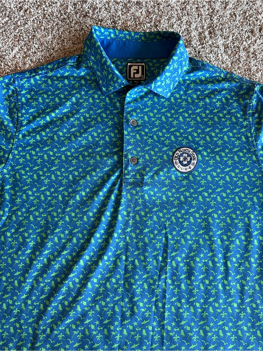 FootJoy FJ Men's Athletic Fit Beach Print Lisle Golf Polo Blue Green Size Large